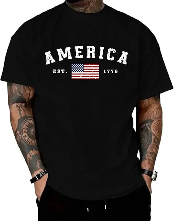 American 1776 Flag Patriotic T-Shirt Crewneck Casual Regular Tee Shirts for Men