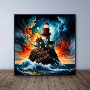 Lighthouse in Storm Pattern DIY Diamond Arts Colorful Painting Kit without Frame, DIY 5D Diamond Arts Colorful Painting Kit, Wall Art Decor for Home