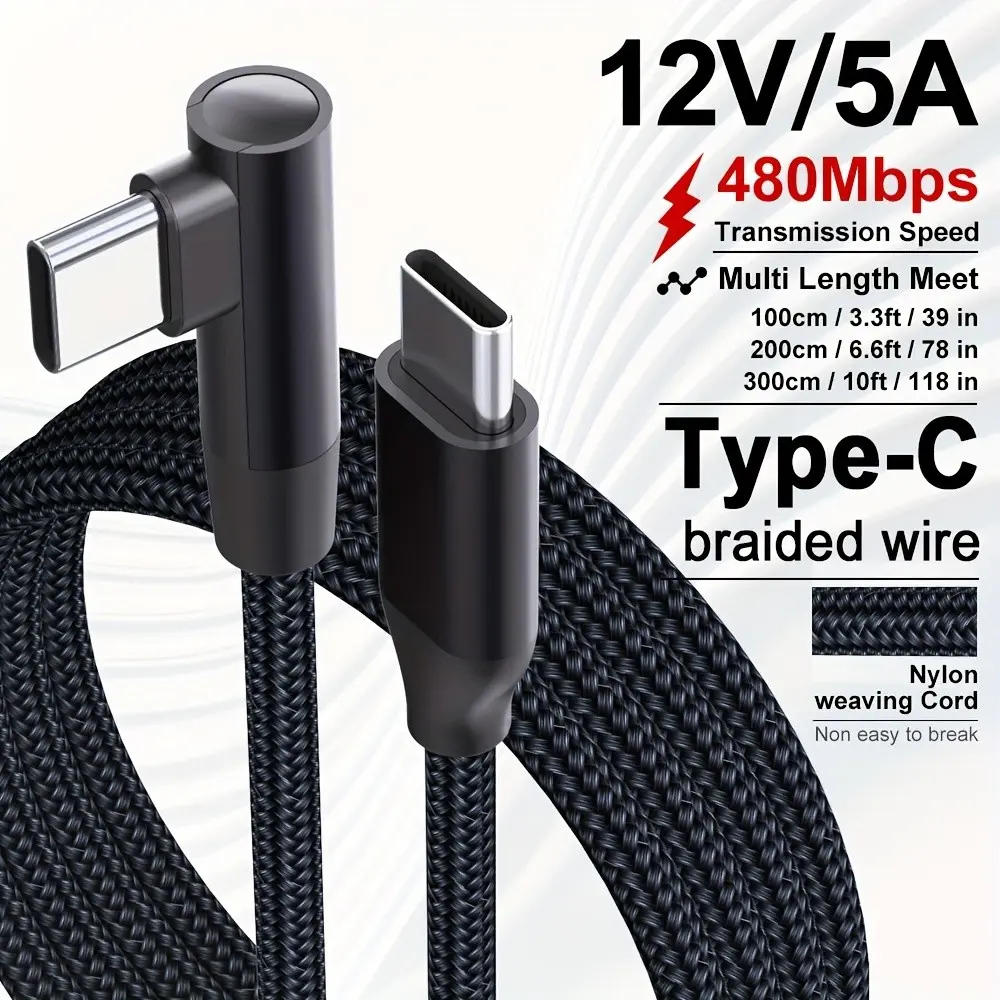 USB C to USB C Cable, Right Angle 90 Degree Type C PD Fast Charging Cord 60W USB 2.0 Nylon Braided Multifunctional Charging Cable Compatible for Smartphone, Samsung Galaxy S22 S21 S20 S10, MacBook, Pixel and Other USBC Plug