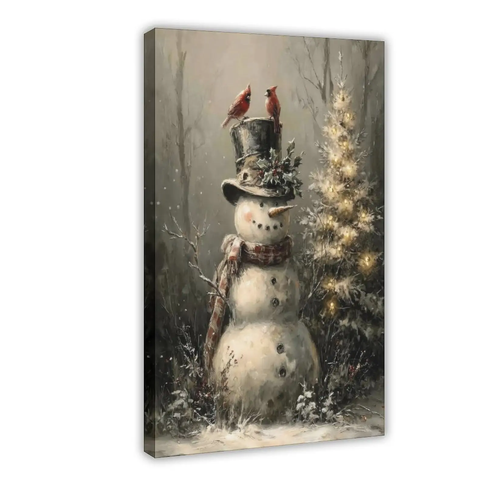 Customizable Multi-Size Vintage Snowman with Cardinals Artistic Canvas Wall Art Print - Decorative Rustic Winter Christmas Poster, Nostalgic Moody Snowy Painting, Gift for Living Room, Garden, Office Home Decor