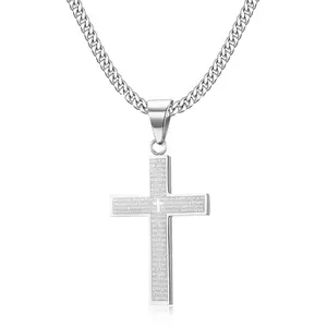 Stainless Steel Cross Necklace for Men Lord's Prayer Pendant Necklace for Women Cross Cuban Chain 18—26 Inch