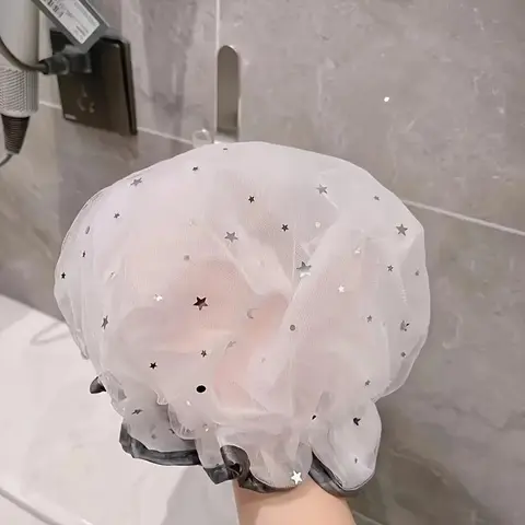 1 Piece Star Pattern Shower Cap, Mesh Design Shower Cap, Double Layer Waterproof Shower Cap, Bathroom Supplies, Home Goods, Bathroom Accessory, Shower Essentials