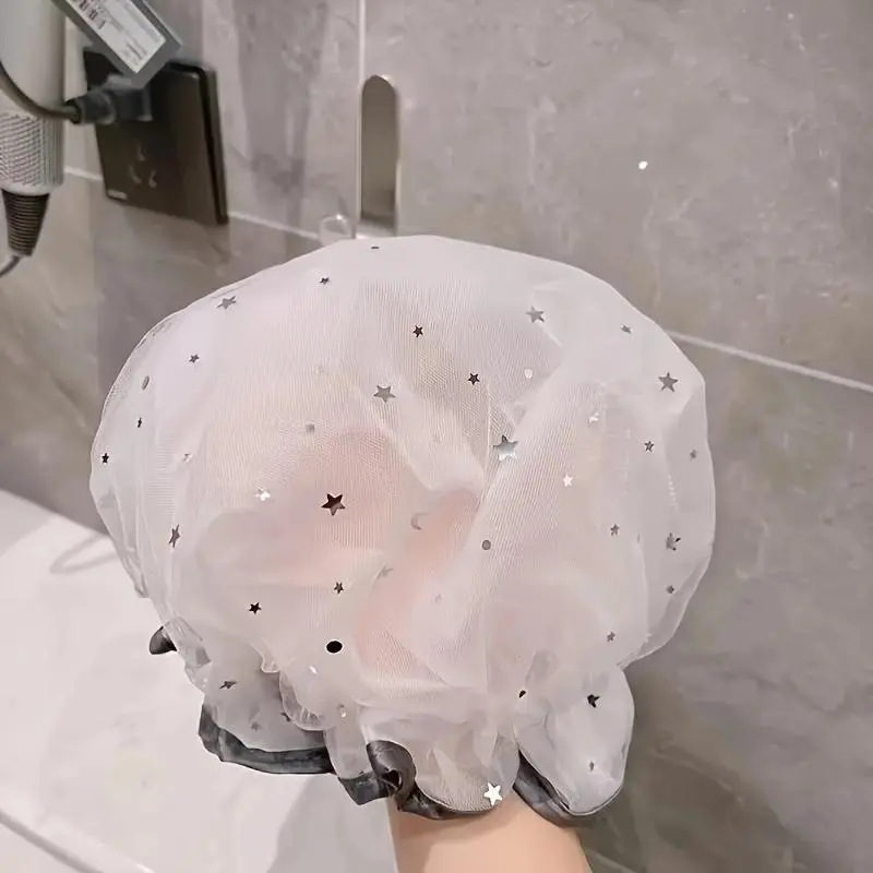 1 Piece Star Pattern Shower Cap, Mesh Design Shower Cap, Double Layer Waterproof Shower Cap, Bathroom Supplies, Home Goods, Bathroom Accessory, Shower Essentials