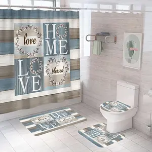 4PCS Polyester Waterproof Traditional Straight Rustic Flower Shower Curtain Set with Rotatable Hooks, Non-Slip Rugs, Toilet Lid Cover, Bath Mat for Farmhouse, Vintage Wood Plank Themed Homes