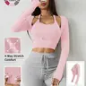 Women's Solid Color Long Sleeve Thumb Hole Design Halter Neck 2 in 1 Sports Tee Gym Yoga Tops for Yoga Gym Workout Clothes, Ladies Sportswear for All Seasons