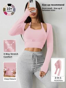 Women's Solid Color Long Sleeve Thumb Hole Design Halter Neck 2 in 1 Sports Tee, High Stretch Casual Comfortable Breathable Crop Sports Top for Yoga Gym Workout, Ladies Sportswear for All Seasons