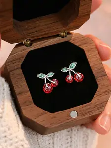 1 pair of mini cute red rhinestone cherry earrings, suitable for elegant ladies' dinners and daily wear earrings