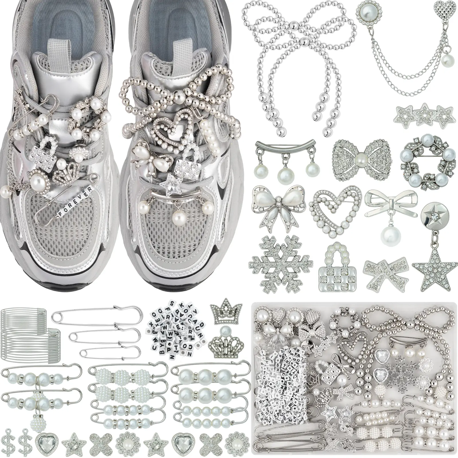 DoDoBeads 332 Pcs Junk Socks Charms Kit, Silver Shoe Charms for Sneakers, Pearl and Rhinestone Sock Charm with Safety Pins, DIY Accessories for Decorating and Personalizing Socks