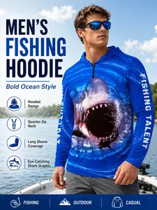 Shark Attack Series Print Fishing Hoodie, Quick-Dry Long Sleeve Outdoor Fishing Top, Casual Animal Pattern H-Type Jacket, Sport Outdoor Clothing