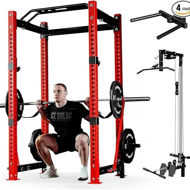 MIKOLO 3"x3" Power Cage - Multi-Function Power Rack with LAT Pull Down Pulley System, 1500 lbs Capacity Commercial Squat Rack for Home Gym