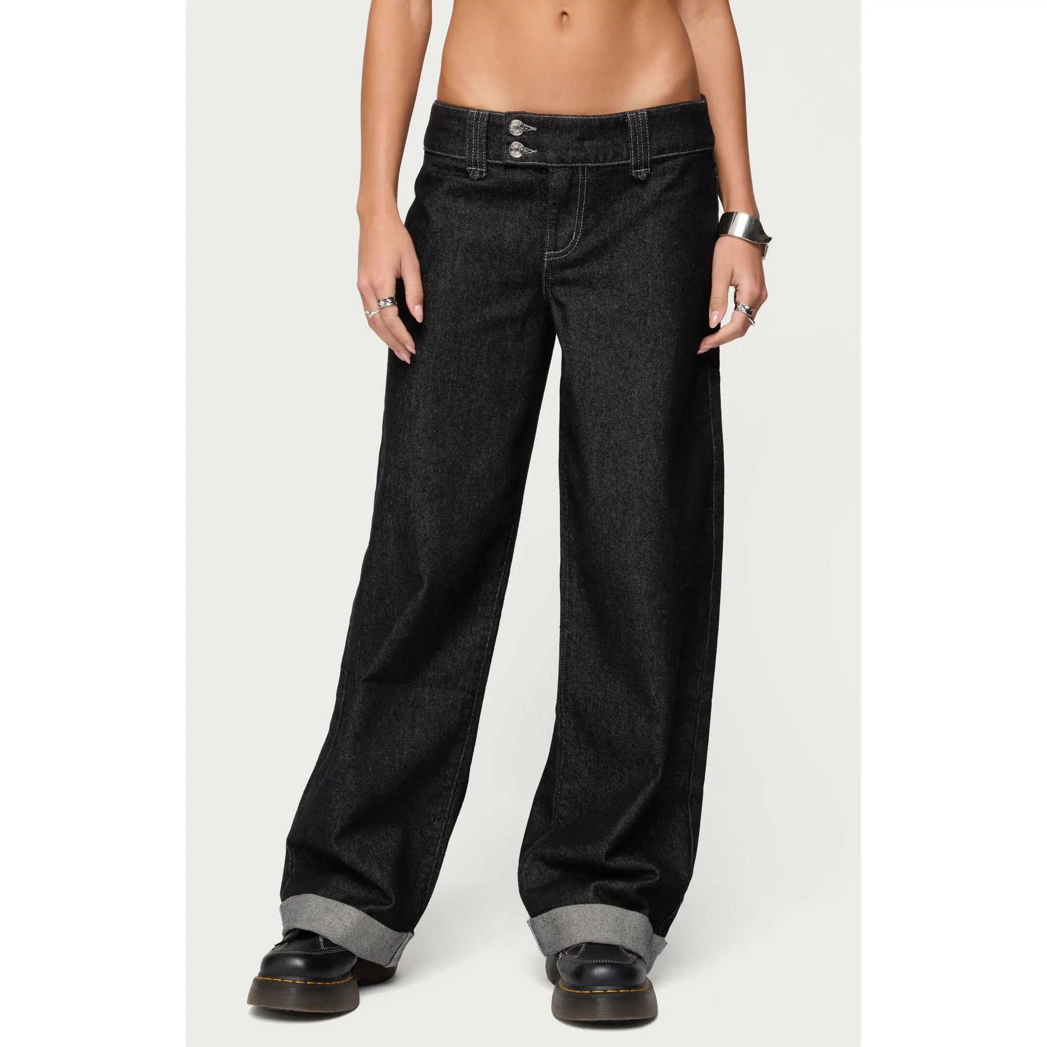 Edikted Women's Cuffed Low Rise Straight Leg Jeans