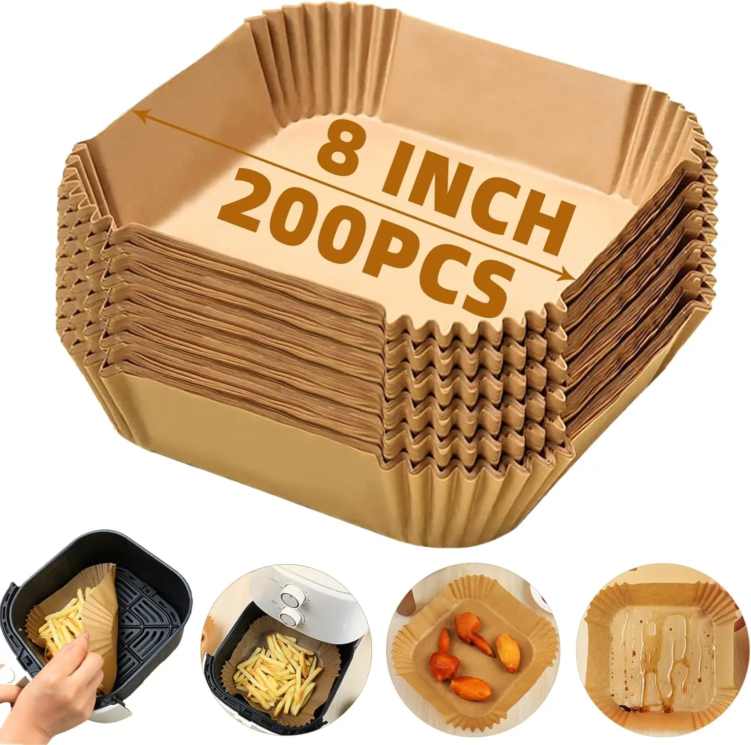200PCS 8" Square Non-Stick Disposable Parchment Paper Sheets - 2-5QT Air Fryer & Bakeware Accessory, 6.3" Bottom Width, 1.8" Height, Square Bowl Shape Holds Food, Food-Safe, High-Temp, BPA-Free, Waterproof, Oil-Retaining, No Taste Impact, Saves Wash Time