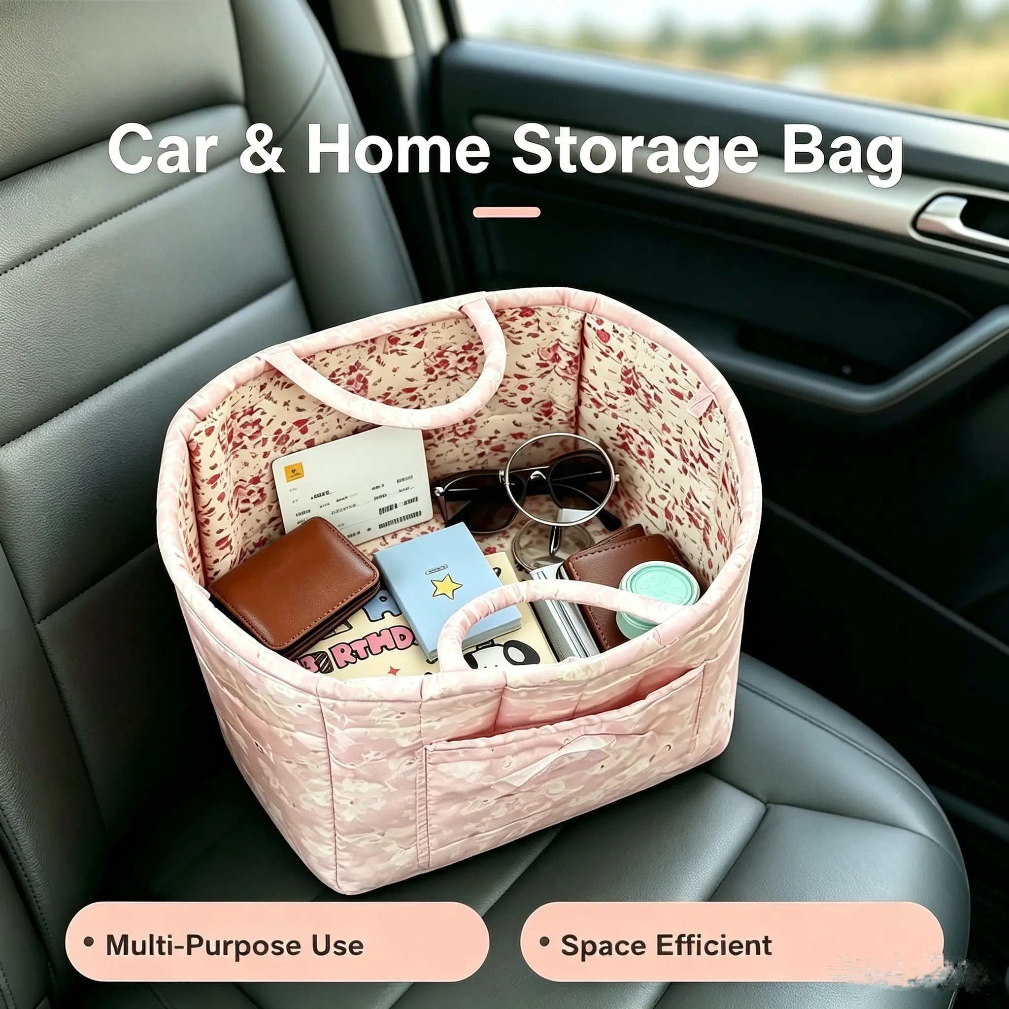 Large Capacity Quilted Floral Fabric Car Storage Basket,Multi-Purpose Backseat & Trunk Organizer for Clothes,Blankets,Toys & Groceries,Machine Washable Woven Storage Basket for Home & Car Organization,Vacuum Packed for Compact Shipping,homeessentials