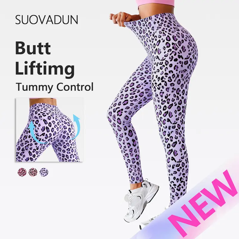 SUOVADUN Women's Cute Leopard Workout Leggings - Butt-Lifting Cut, Wide Waistband for All-Day Comfort & Support, Stretchy Soft Activewear Leggings, Athletic Bottoms, Casual Workout Pants, All Seasons, XSL26029