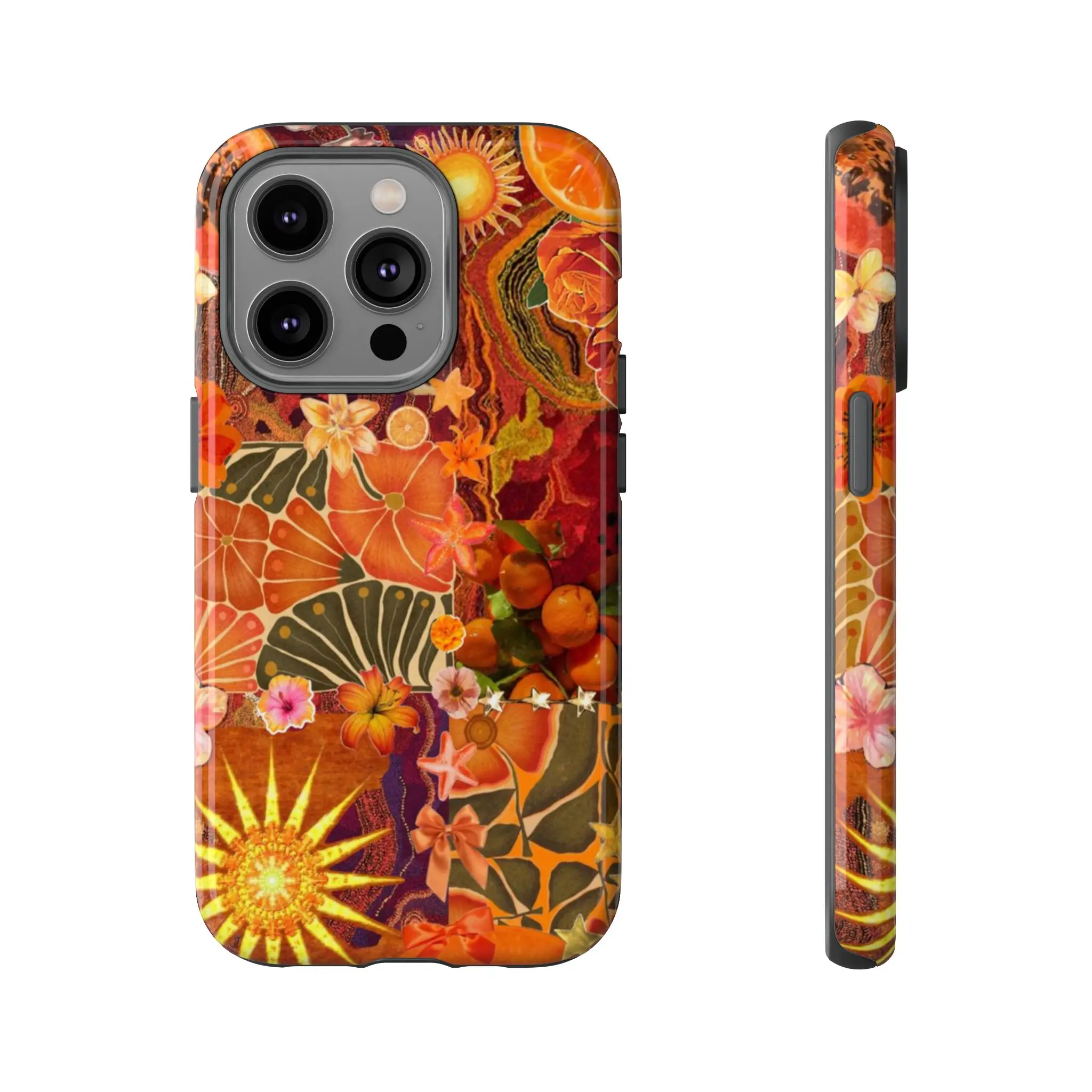 Durable Sunset-Inspired Phone Case with Tropical Florals, Oranges, Artistic Patterns, Orange Collage - Protective Mobile Phone Accessory for iPhone 17 Pro Max Plus Air/16/15/14/13/12/11, Gift for Her, Protection