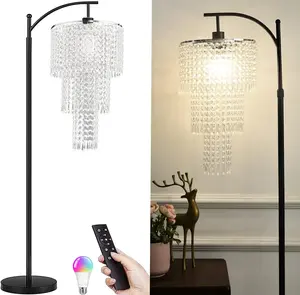 ECOXOL Arc Floor Lamp for Living Room Modern Floor Lamp with Remote Control,Dimmable Crystal Floor Lamps Black Standing Lamp with 10 Color Temperature Tall Chandelier Floor Lamps for Bedroom Corner