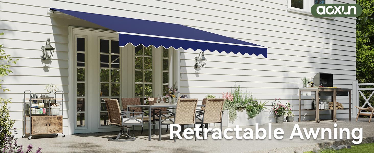 Aoxun Manual Retractable Awning for Outside 12x10 FT Outdoor Patio Sun Shades Canopy with Crank Handle Waterproof Polyester PA Coated Fabric for Backyard Deck Window