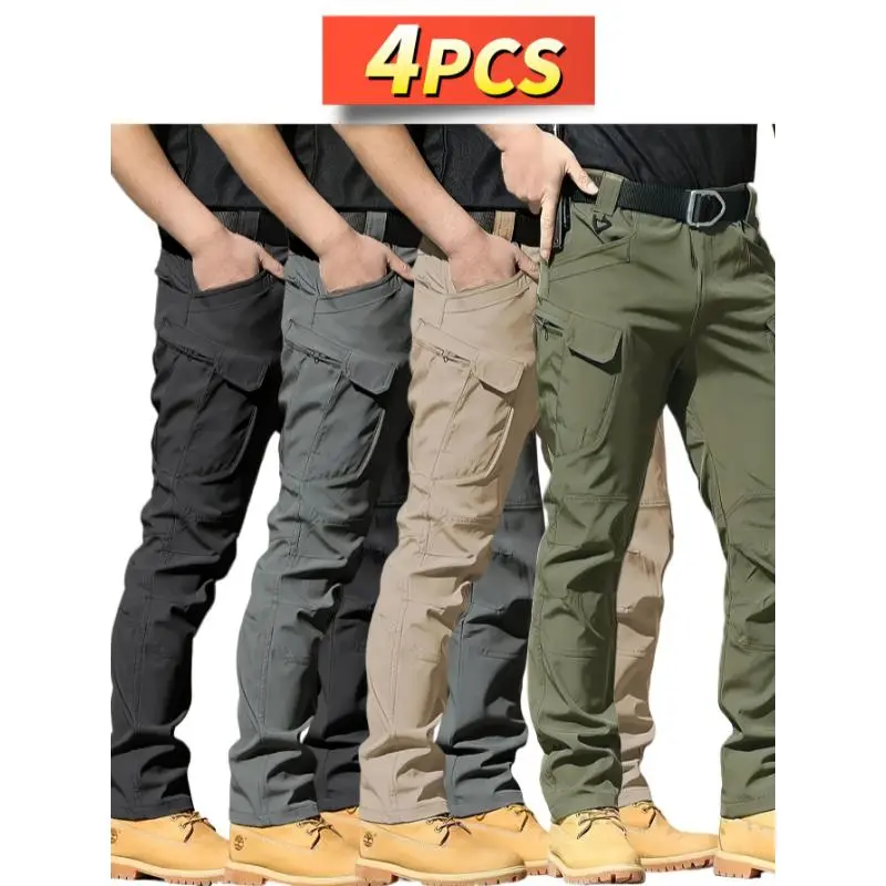 4pcs Men's Slim-Fit Tactical Cargo Pants - Durable Ripstop Work Pants with Multi-Pockets, All-Season Wear-Resistant Design for Hiking, Camping, Outdoor & Daily Use (Machine Washable), Hiking Pants
