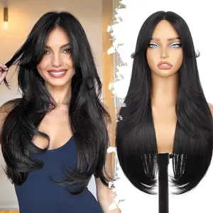 Nnzes Natural Black  Glueless Wigs for Women Synthetic Lace Hairline Pre Cut Long Layered Straight Hairstyle 26 Inch