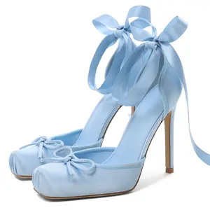 Women's Ballet Heels Satin High Heels for Women Square Toe Pumps with Oversized Bow & Ankle Ribbon Tie  Elegant Stiletto Heel Cute Toe Bow Detail Satin Material Fashion Statement Footwear for Parties Special Occasions