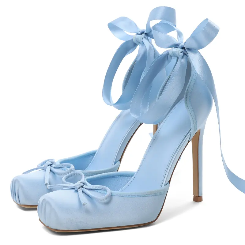 Women's Ballet Heels Satin High Heels for Women Square Toe Pumps with Oversized Bow & Ankle Ribbon Tie  Elegant Stiletto Heel Cute Toe Bow Detail Satin Material Fashion Statement Footwear for Parties Special Occasions
