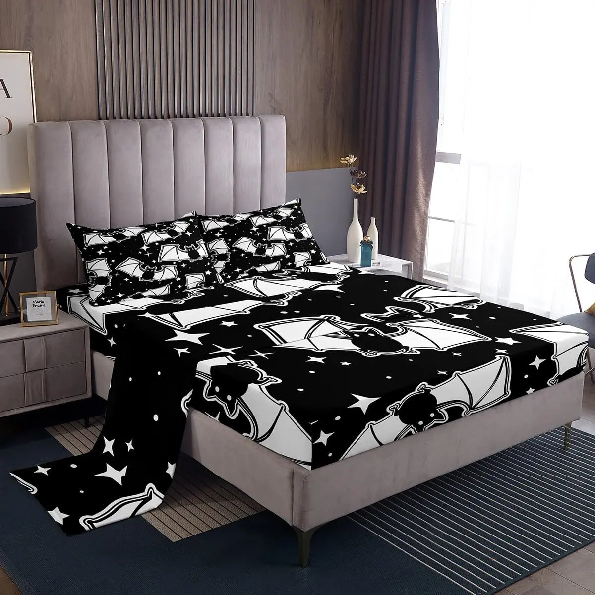Halloween Sheet with 16 Inch Deep Pockets,Black Bats Animal Print Silhouette Bedding,Room Decor Happy Holiday Cute Star Print Luxury Bed Sheets Set