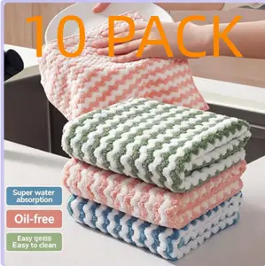 10 Pack Wavy Coral Fleece Kitchen Dish Cloths | Thickened Non-Stick Oil Super Absorbent Lint-Free Cleaning Rags