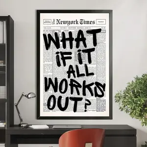 Retro Black And White Newspaper Poster What If It All Works Out Canvas Wall Art Positive Affirming Quote Minimalist Prints Painting For Home Bedroom Dorm Wall Decor