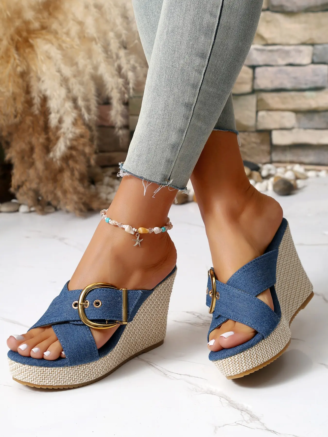 Ladies' summer stylish denim high-heeled sandals with fashionable cross band design, slip resistant and comfortable wedge heel sandals, perfect for summer clothing matching Wedge Heel Shoes Footwear