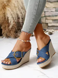 Ladies' summer stylish denim high-heeled sandals with fashionable cross band design, slip resistant and comfortable wedge heel sandals, perfect for summer clothing matching Footwear
