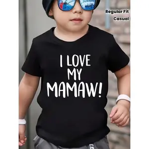 1pc Kids' I Love Mamaw Print Black TShirt, Crew Neck, Casual Cotton Tee, Medium Stretch Knit Fabric, Regular Fit for Boys& Girls Children, Text Pattern, for Mother' S Day, Christmas, Valentine' S Day, Easter (3-13Y)