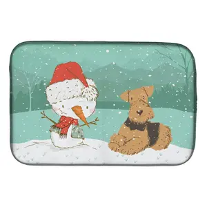 212 MAIN Airedale Terrier Snowman Christmas Dish Drying Mat - 14x21 in Rectangular Polyester-Face Kitchenware, Water-Absorbent Kitchen Decor Placemat with Coasters