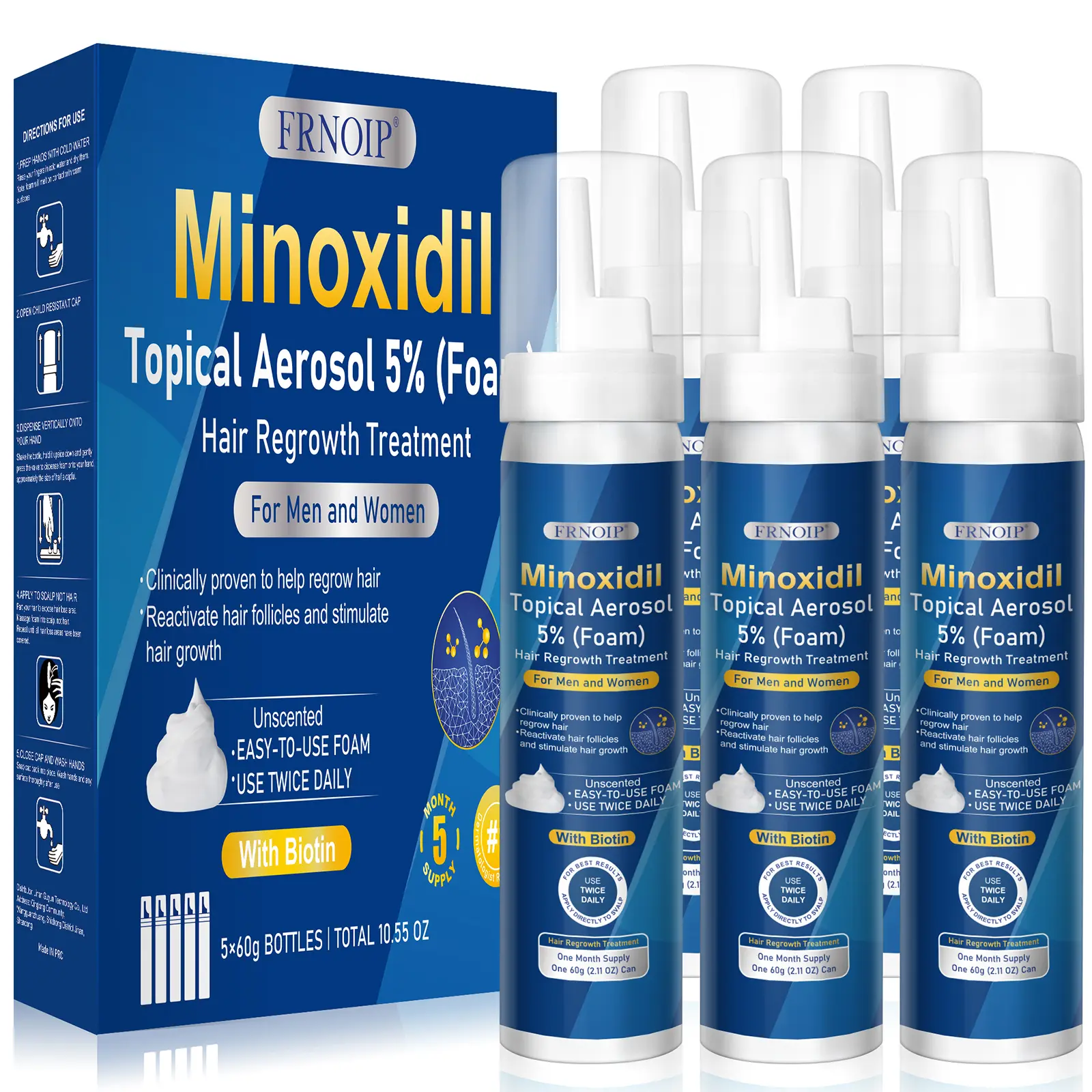 Men's 5% Minoxidil Hair Growth Foam with Biotin - Haircare Hair Growth Products for Thicker, Fuller Volume Fast Regrowth Treatment, 5-Pack Set