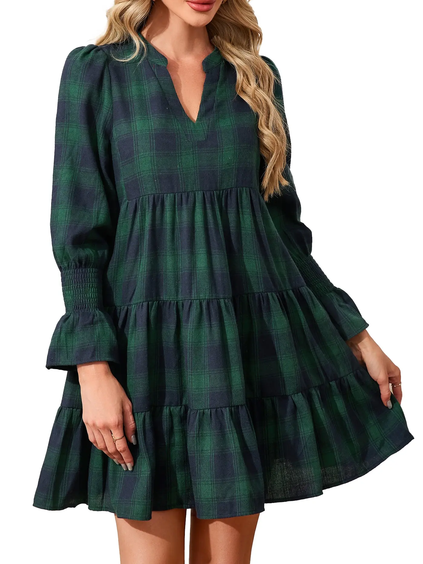 Women's Plaid V-Neck Long Sleeve Tiered Mini Dress | Smocked Cuff Babydoll Tunic