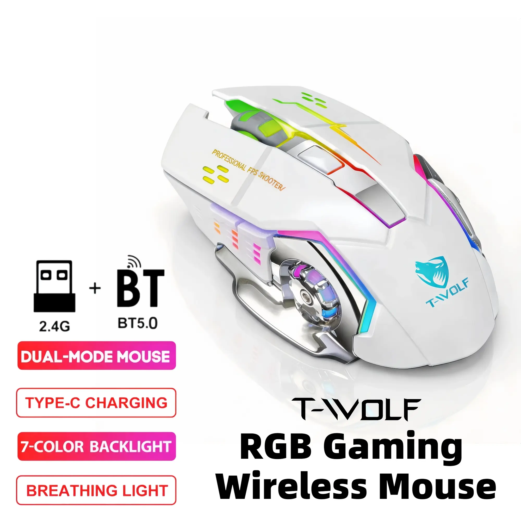 Dual Mode Wireless Mouse - Bluetooth 5.0 & 2.4G Rechargeable Silent Mouse, 25-Day Battery Life with RGB Backlit, Ergonomic Slim Computer Mice for Laptop, iPad, Mac, Windows