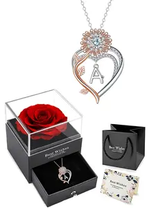Sunflower Heart Initial Pendant Necklace, Fashionable Jewelry, Name Engraved Pendant, Elegant Double Layered Heart Initial Necklace Gift rose Box Included, Perfect for give to Mom Wife Girlfriend
