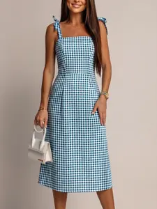 Elegant A-Line Midi Dress, Blue Plaid Digital Print, Tie Shoulder Back, Waist Cinch, Casual Summer Fashion, Women's Clothing