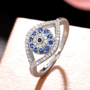 Women's Evil Eye Blue Zirconia Copper-Plated Closed Band Statement Ring - Blue Charm, Devil-Eye, CZ Stone, Cube Zirconia Rings for Her Graduation Gift, Blue Charm Rings