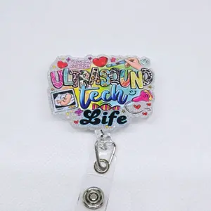 Ultrasound Tech Life Glitter Acrylic Retractable Badge ID Reel Belt or Alligator Clip healthcare worker identification supply id badge hospital worker