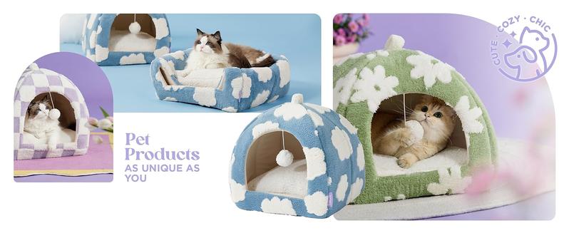 LESURE Cute Cat Beds for Indoor Cats - 2 in 1 Cat Cave Bed with Removable Washable Cushioned Pillow, Cozy Cat Tent House Design Pet Supplies Portable Blanket