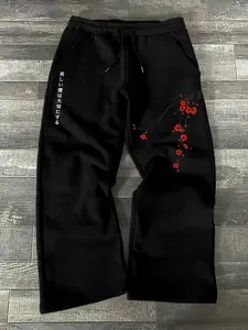 Men's Casual Sporty Long Pants, Plum Pattern Print, Drawstring Wide Leg, Loose-Fitting, All Seasons, Men's Fashion Clothing