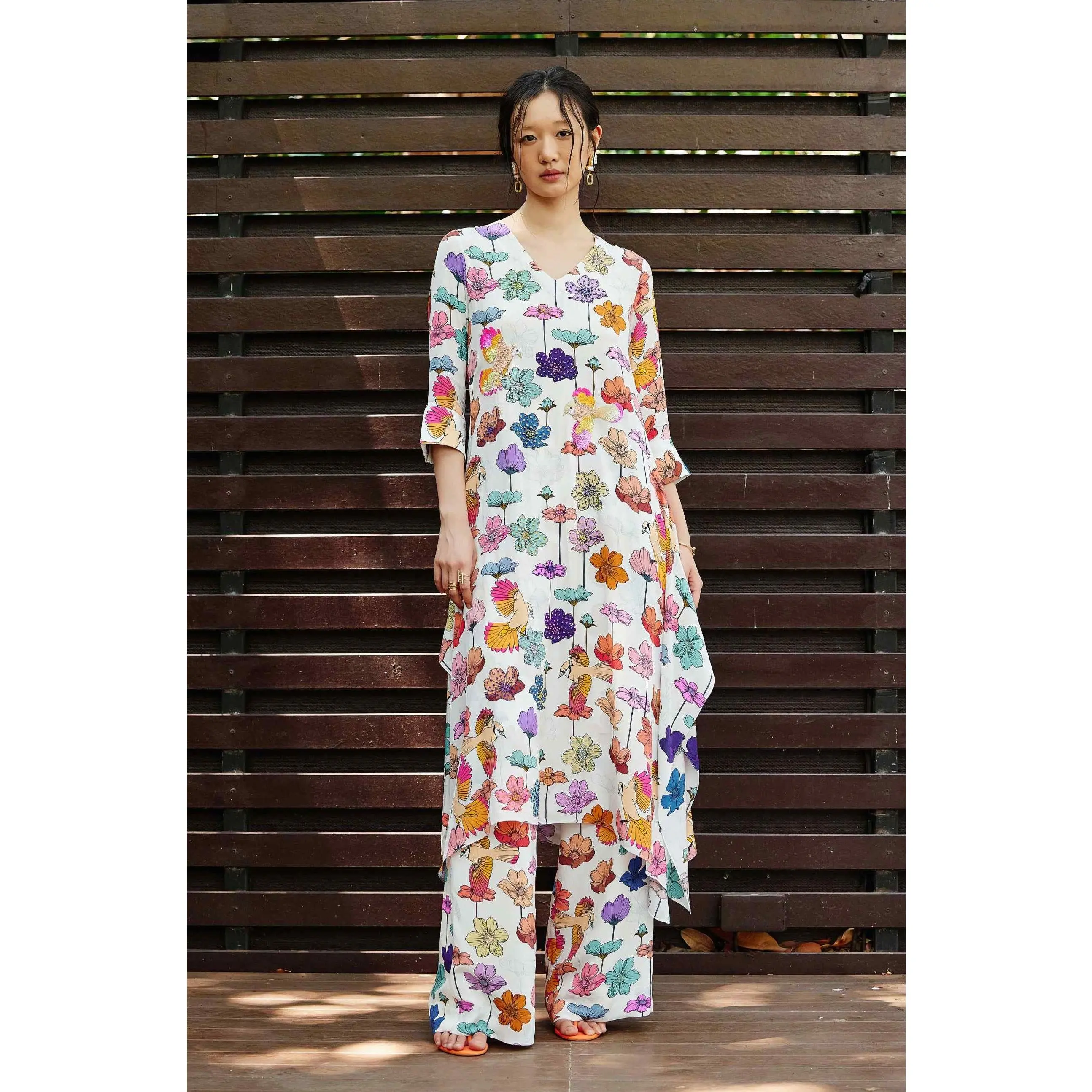 White flora kurta with pants