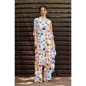 White flora kurta with pants