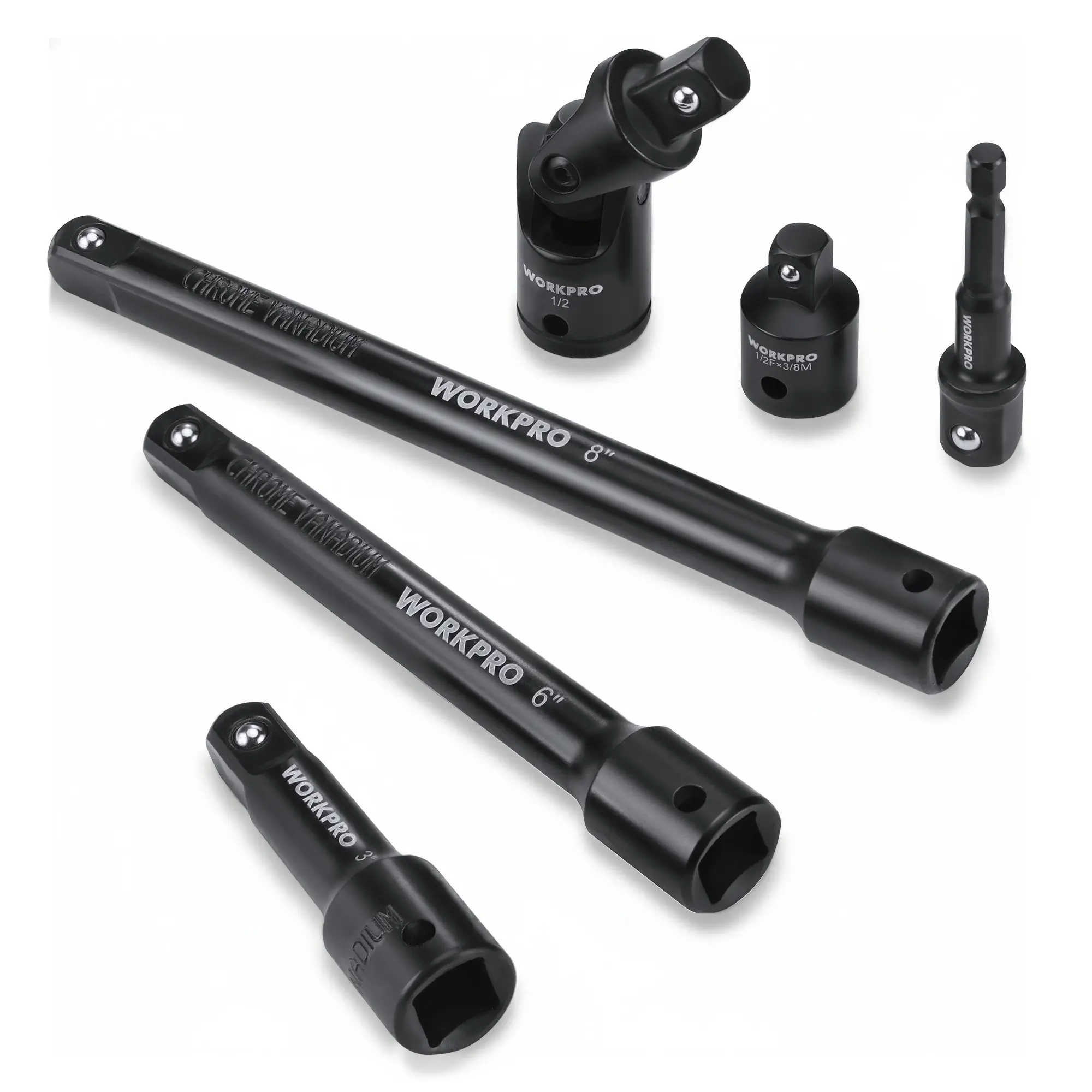 WORKPRO 6-Pack 1/2" Drive Impact Socket Extension Set, Includes 3", 6", 8" Extension Bars, Universal Joint and Socket Adapter, Premium CR-V Steel with Black Phosphate Finish