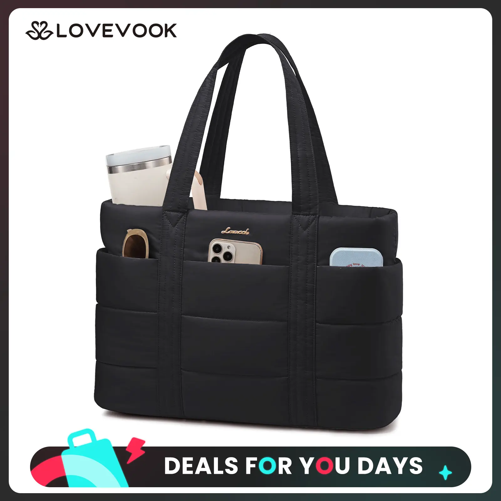 LOVEVOOK Puffer Fashion Tote Bag for Women,Large Multifunctional Work Laptop Bag,Lightweight Travel Shoulder Bag, Multi-pocket Compartment, with Elastic Water Bottle Pocket, Suitable for Multiple Scenarios