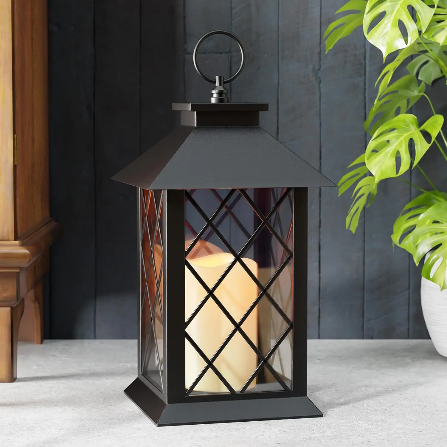 13.4" Lanterns Decorative Indoor, Black Lantern Decor with Timer Flickering Candle, -shaped Outdoor Lanterns,  Hanging Lantern for Patio, Porch, Entryway, Centerpieces, 1 Pack