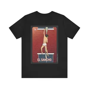 El Sancho T-Shirt - Loteria Tshirt Short Sleeve Crewneck Casual Top with Graphic Design Featuring "El Sancho" Text and image of El Sancho Jumping Out The Window
