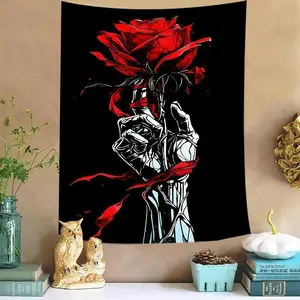Red Rose and Skull Artwork Print Tapestry, Velvet-Polyester Fiber Wall Hanging, Boho Aesthetic Floral Decoration for Bedroom, Home Decor, Boho Aesthetic Tapestries, Artwork Print Tapestries