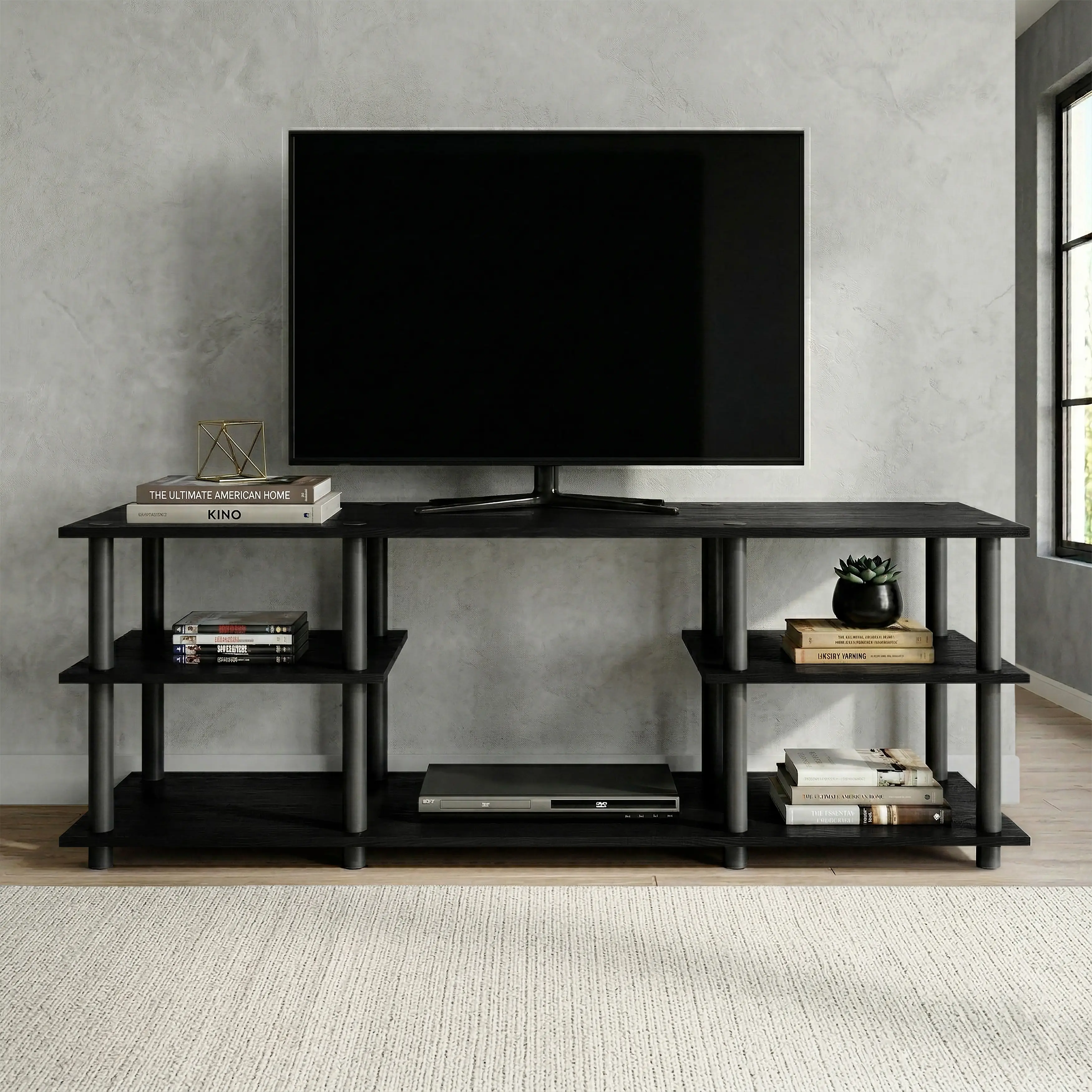 Modern 3-Tier Engineered Wood TV Stand - Multi-Level Indoor Furniture with Easy Twist Assembly, Three Tiers