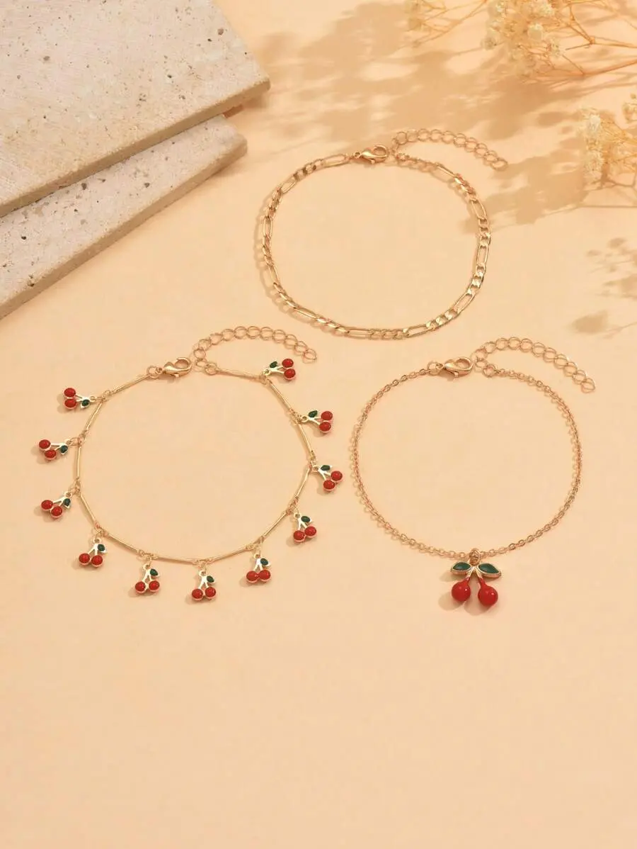 3pcs/Set Sweet Cherry Pendant Anklet, Cute Cherry Tassel Foot Jewelry Fashion Anklet Set, Suitable For Daily Wear, Beach Party, Dating